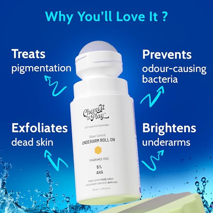 Chemist at Play UnderArm Roll-On with 5% AHA| Lactic & Mandelic Acid|Prevents Odour, Brightens Skin & Exfoliates Underarm | For Sensitive Skin | Fragrance-Free | Alcohol & Aluminium Free | 1.35 fl oz