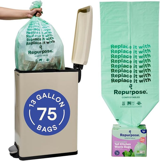 Repurpose 13 Gallon Compostable Kitchen Trash Bags, 75 Bags, BPI Certified, Leak-Proof, FDA Approved, Recyclable Packaging