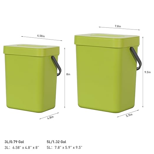 EKO Puro Mini Wall-Mounted Kitchen Trash Can with Lid Food Waste Caddy, 0.79 Gal / 3L (Green)