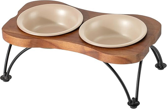 Ceramic 5.5-inch Raised Double-Bowl Set with Non-Slip Stand, 1 Cup Food or 9.5oz Water Dishes for Puppies and Cats, Wide Opening with Rounded Edges(Oat Beige)