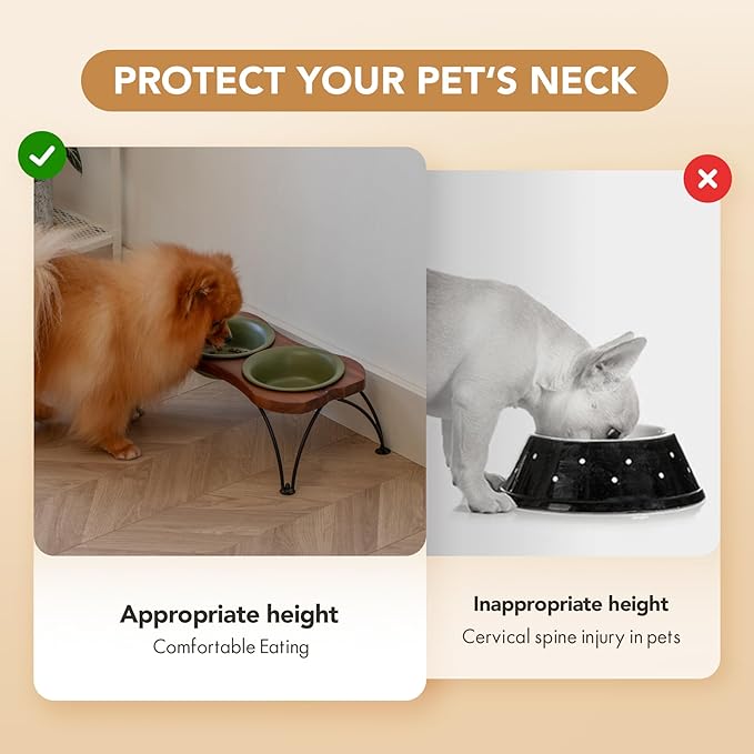 Ceramic 6.3-inch Raised Double-Bowl Set with Non-Slip Stand, 1.5 Cup Food or 15 oz Water Dishes for Small Dogs, Wide Opening with Rounded Edges(Olive Green)