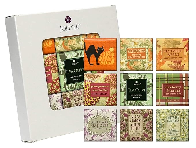 Jolitee French Milled Botanical Soap Sampler Set of 9 - Individually Wrapped Vegetable-Based Mini Soaps with Essential Oils, Shea Butter, and Natural Extracts (Fall Fun)