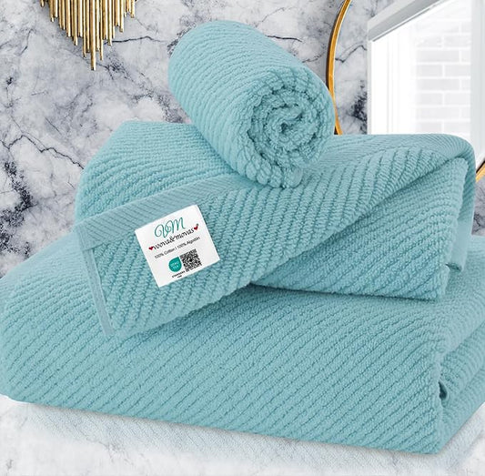 VOOVA & MOVAS Bathroom Towels Set, 100% Cotton | Quick Dry | Soft | Thick, 3 Piece Towel Set, 1 Large Bath 30" x 56", 1 Hand 18" x 28", 1 Wash Cloth 13" x 13", Bathroom Essentials, Aqua Teal