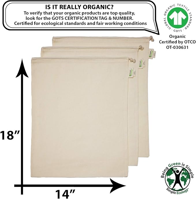 Simple Ecology Reusable Grocery Produce Shopping and Storage Bags, Organic Cotton Muslin, XLarge 3 pack