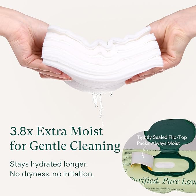 PurComfy Baby Wipes Unscented, 6 Flip-Top Packs + 6 Travel Pack 99.9% Water Wipes with Plant Based, Hypoallergenic for Sensitive Newborn Skin, Total 408 Count Wet Wipes