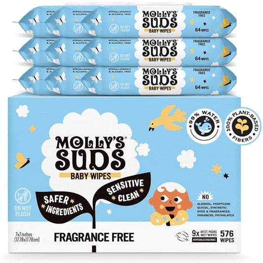 Molly's Suds Sensitive Clean Baby Wipes | 99% Water, Plant-Based, Fragrance Free | 576 Total Wipes (9 Flip-Top Packs)