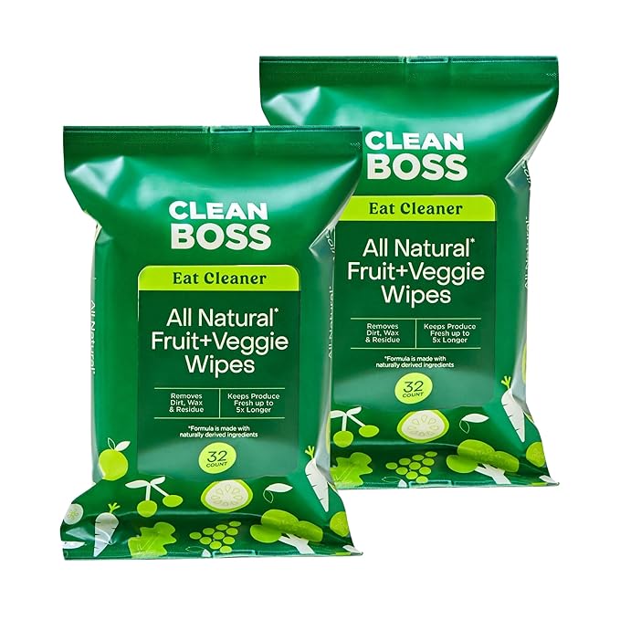 CleanBoss Eat Cleaner Fruit + Veggie Wipes - 32 Count, Pack of 2 - Removes Harmful Residue - Keeps Produce Fresh Up to 5X Longer - Vegan, Gluten Free - 64 Wipes Total