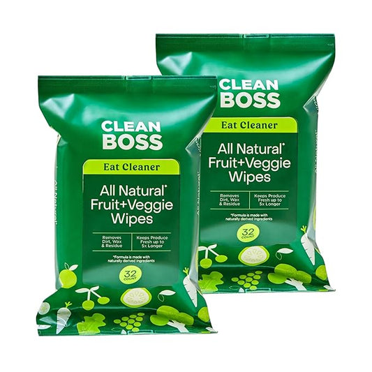 CleanBoss Eat Cleaner Fruit + Veggie Wipes - 32 Count, Pack of 2 - Removes Harmful Residue - Keeps Produce Fresh Up to 5X Longer - Vegan, Gluten Free - 64 Wipes Total
