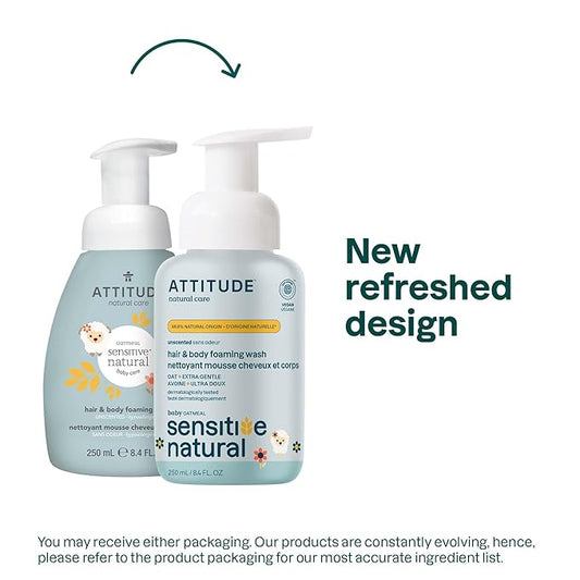 ATTITUDE 2-in-1 Shampoo and Body Wash for Baby, EWG Verified, Plant- and Mineral-Based Ingredients, Dermatologically Tested, Vegan Products for Sensitive Skin, Unscented, 8.4 Fl Oz