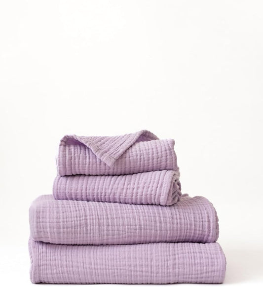 4 Pieces Muslin Towel Set for Bathroom, Luxury 100% Turkish Cotton Thin Soft Quick-Dry Lint-Free Large Size Bath Hand Towel Sets (Lilac, 2 Bath & 2 Hand Towel Set)