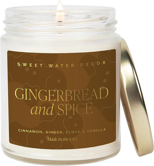 Sweet Water Decor Gingerbread and Spice Candle - Orange, Lemon, and Gingerbread Soy Christmas Candles - Gold Foil Pattern 9oz Clear Jar, 40 Hour Burn Time, Made in The USA
