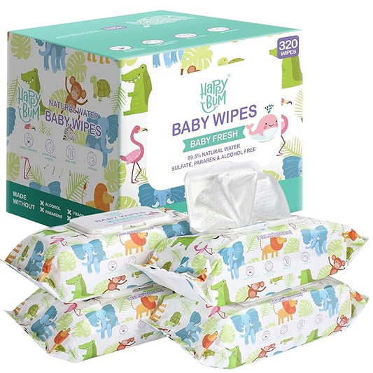 HAPPY BUM Sensitive Water Baby Diaper Wipes, Baby Wipes, Unscented, 4 Flip-top packs (320 Wipes Total)