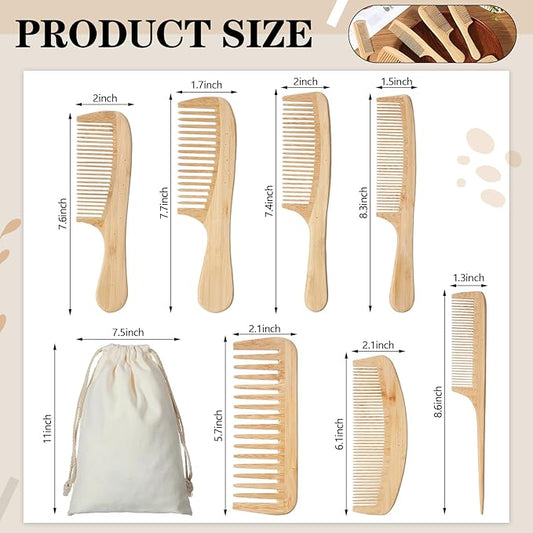 Honeydak 7 Pcs Bamboo Comb Set Natural Handmade Anti-static Wide Tooth Rat Tail Fine Tooth Combs Designed for Long, Short, Thick, Thin, Curly or Wavy Hair Detangling Suitable for Both Women and Men