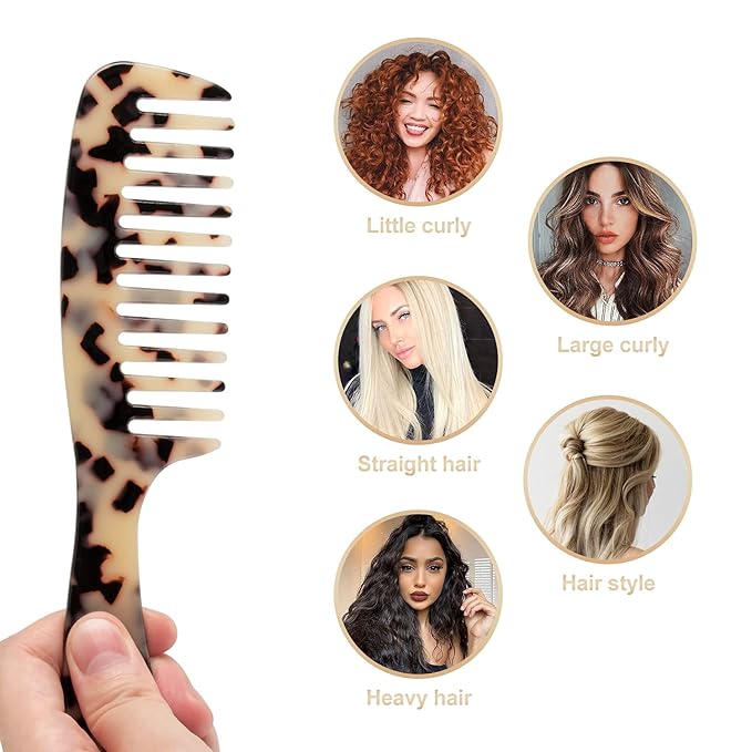 Large Wide Tooth Hair Comb, LADYAMZ [Tortoise Shell] Cellulose Acetate Round Tooth Comb for Straight/Curly Hair,Short/Long Hair Women Men or Kids, Easy Detangling Wet or Dry, Anti-static (Ivory)