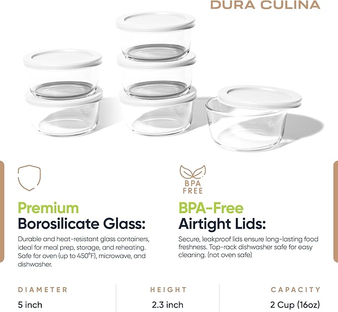 DURA LIVING 12-Piece Glass Food Storage Containers Set (6 Containers + 6 BPA-Free Lids) | 2-Cup, Leakproof | Microwave, Freezer, Oven & Dishwasher Safe | Ideal for Meal Prep & Pantry Organization