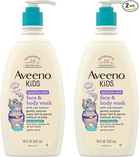 Aveeno Kids Sensitive Skin Face and Body Wash with Oat Extract, Gently Washes Away Dirt and Germs Without Drying, Tear-Free, Hypoallergenic Kids Body Wash, 18 fl. oz, 2 Pack