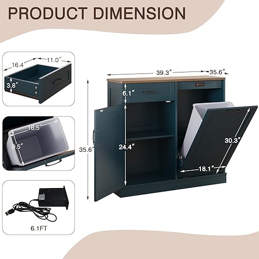 Double Tilt Out Trash Cabinet, Kitchen Island with Trash Storage, Trashcan Cabinet for Kitchens, Wood Cabinet with Trash Can Pull Out, Dog Proof Trash Can (Blue, 10 Gal)