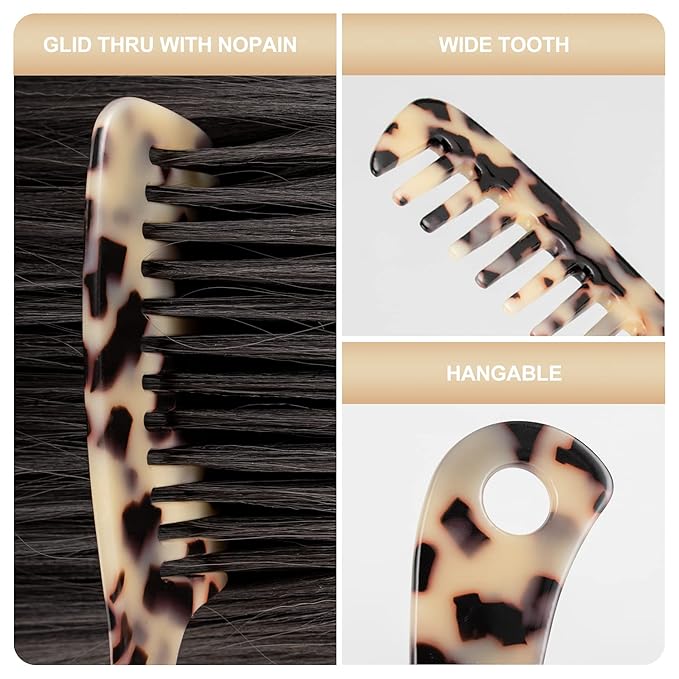 Large Wide Tooth Hair Comb, LADYAMZ [Tortoise Shell] Cellulose Acetate Round Tooth Comb for Straight/Curly Hair,Short/Long Hair Women Men or Kids, Easy Detangling Wet or Dry, Anti-static (Ivory)
