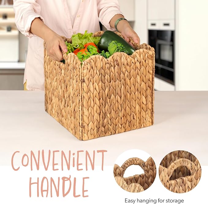 Set of 4 Foldable Scalloped Water Hyacinth Storage Cubes Basket, Storage Cube Bins -12"x12"x12", Collapsible Cube Organizers, Water Hyacinth Woven Bins for Bathroom, Bedroom, Laundry, Pantry, Shelves