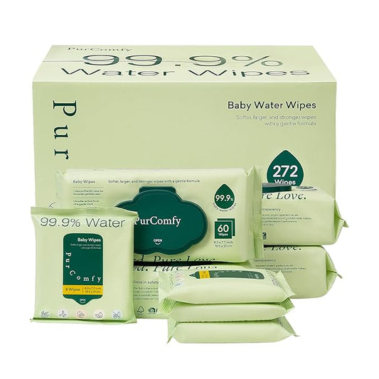 PurComfy Baby Wipes Unscented, 4 Flip-Top Packs + 4 Travel Pack 99.9% Water Wipes with Plant Based, Hypoallergenic for Sensitive Newborn Skin, Total 272 Count Wet Wipes