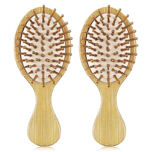 2 PCS Bamboo Detangler Mini Hair Brushes Travel Pack For Kids Gift No Wooden Bristles Hairbrush Massage Scalp For Curly Hair, Wet Dry Hair Tangle Brush