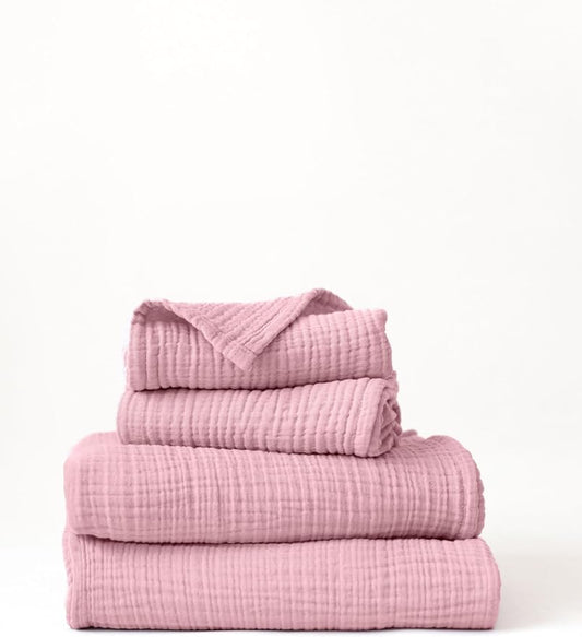 4 Pieces Muslin Towel Set for Bathroom, Luxury 100% Turkish Cotton Thin Soft Quick-Dry Lint-Free Large Size Bath Hand Towel Sets (Light Pink, 2 Bath & 2 Hand Towel Set)