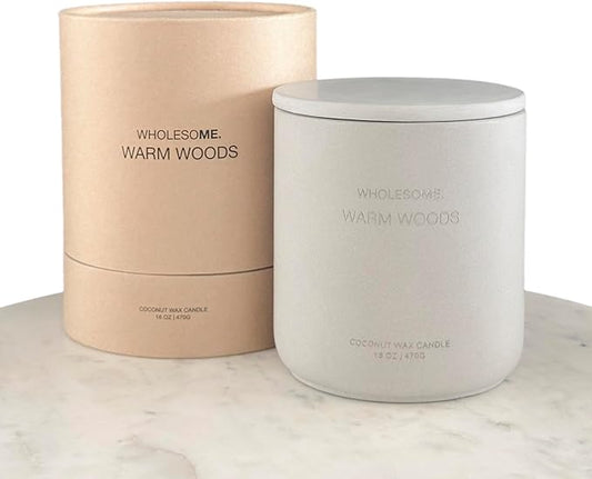 WHOLESOME. Warm Woods Scented Non Toxic Candles - 100% Natural Coconut Wax Candle, 90 Hours Burn, 2 Wicks, Aromatherapy & Stress Relief Candles, Vegan Candle, 16 oz Concrete Jar