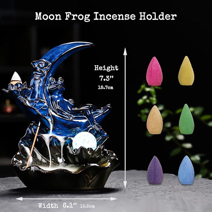 ChangWanna Moon Incense Holder Burner - Frog Ceramic Cone Backflow Incense Burner Smoke Fountain, Back Flowing Incense Diffuser with 45 Sticks & 10 Cones, Frog Ornament for Aromatherapy/Yoga Decor