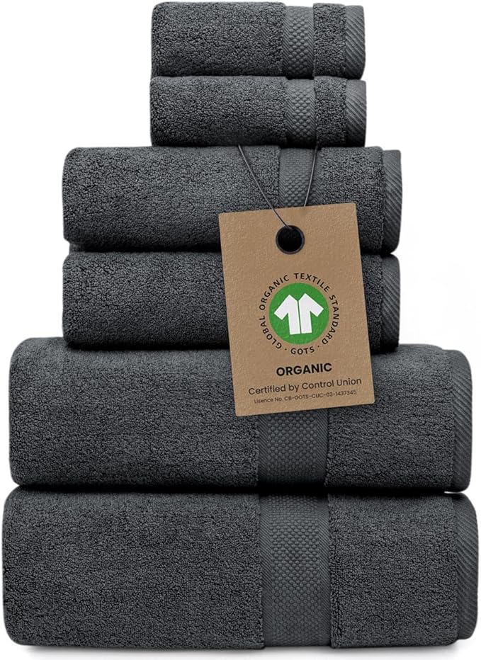 100% Organic Zero-Twist Cotton Towels - GOTS Certified Luxury Bath Towels - Ultra Soft & Plush 700GSM Long-Staple Cotton - 6 Piece Towel Set (Granite Grey)