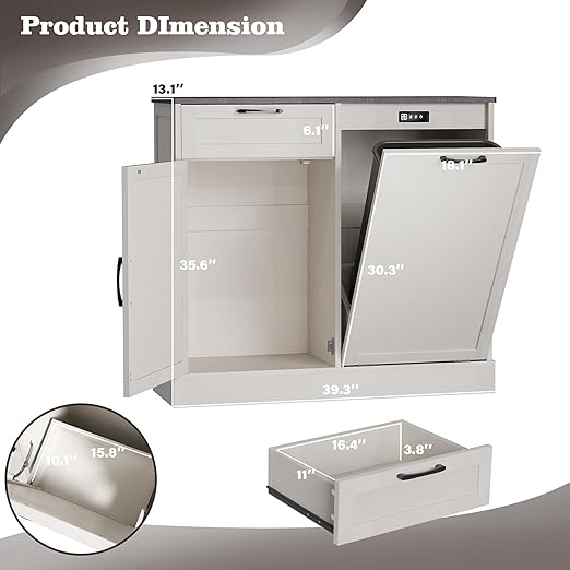 Double Tilt Out Trash Cabinet, Kitchen Island with Trash Storage, Trashcan Cabinet for Kitchens, Wood Cabinet with Trash Can Pull Out, Dog Proof Trash Can (Off White, 10 Gal)