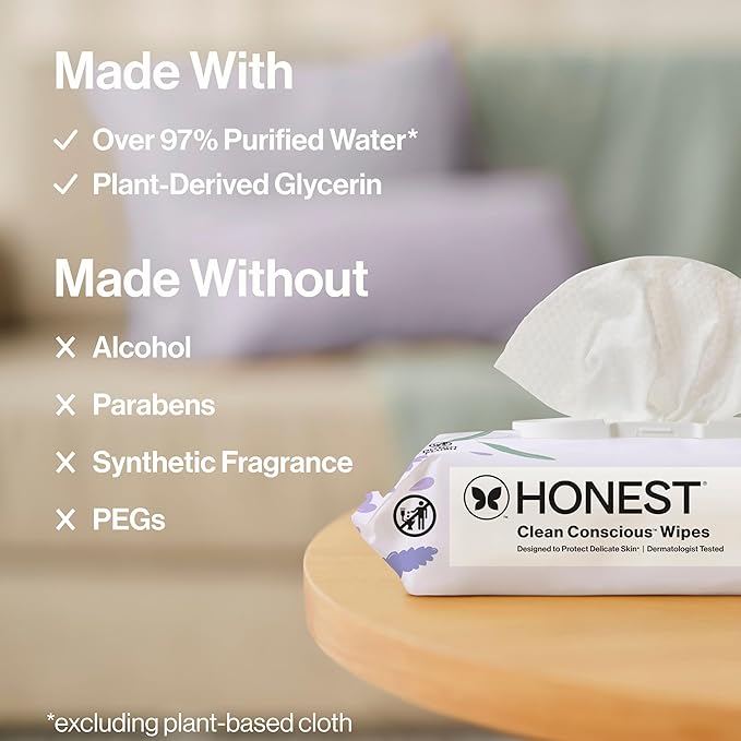 The Honest Company Calm and Cleanse Naturally Scented Wipes Cleansing Multi-Tasking 99% Water Plant Based Hypoallergenic Lavender 240 Count