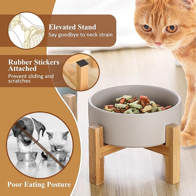 Elevated Ceramic Cat Bowl - Cat Food Bowl with Bamboo Stand - Raised Dog Dish for Puppies - Anti Vomiting, Stress Free - 13.5 oz / 400 ml - Grey
