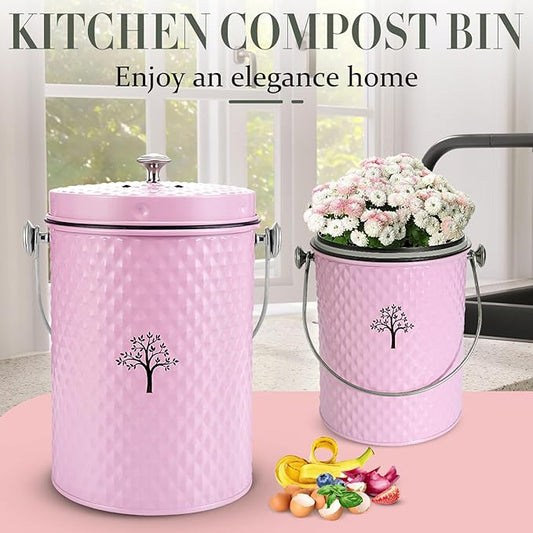 AOSION Countertop Compost Bin Kitchen，Odorless Indoor Compost Bin with Lid and Compost Bags,Compost Bucket Composter Container for Food Waste,Pink