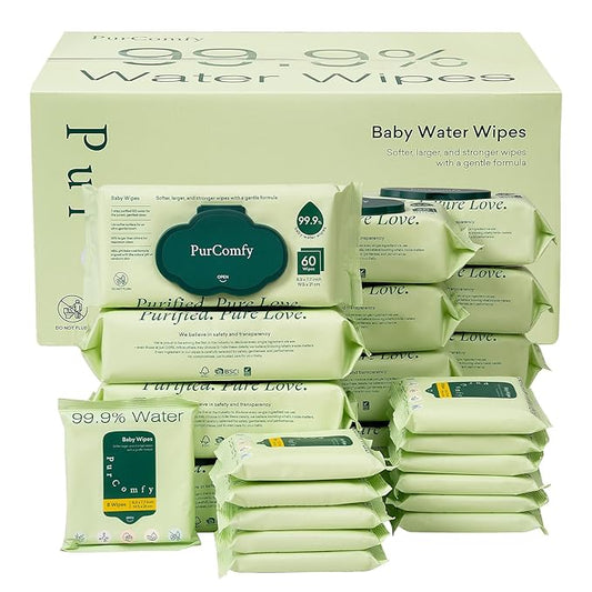 PurComfy Baby Wipes Unscented, 12 Flip-Top Packs + 12 Travel Pack 99.9% Water Wipes with Plant Based, Hypoallergenic for Sensitive Newborn Skin, Total 816 Count Wet Wipes