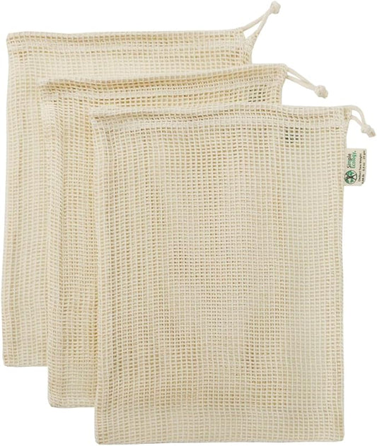 Simple Ecology Reusable Produce Shopping and Storage Bags, Drawstring, Washable Organic Cotton Mesh, Medium 3 pack