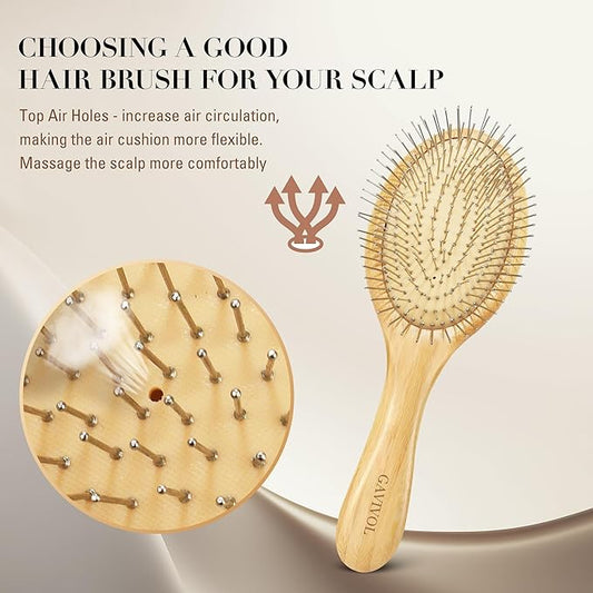 Bamboo Paddle Hairbrush with Steel Bristles for Anti-Static Detangling & Scalp Massage – Wooden Handle Brush for Hair Growth, All Hair Types