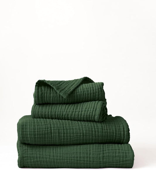 4 Pieces Muslin Towel Set for Bathroom, Luxury 100% Turkish Cotton Thin Soft Quick-Dry Lint-Free Large Size Bath Hand Towel Sets (Green, 2 Bath & 2 Hand Towel Set)