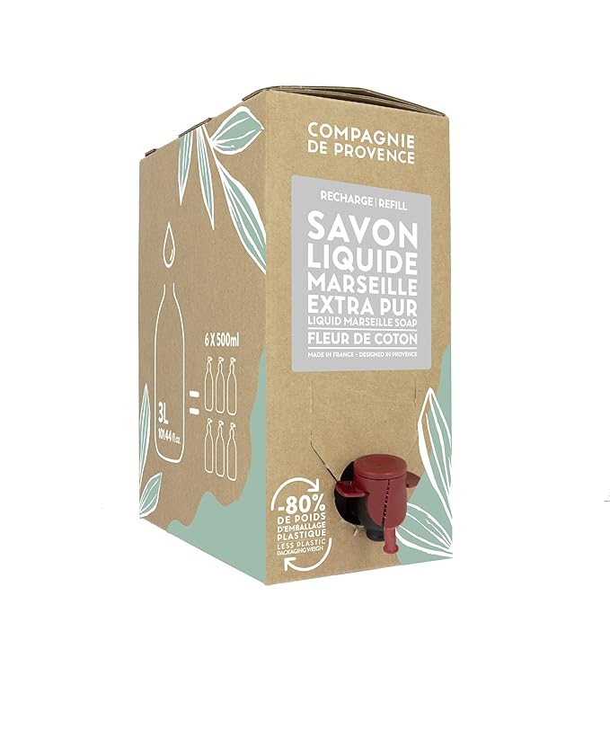 Compagnie de Provence Savon de Marseille Extra Pure Liquid Soap, Cotton Flower, 101.4 Fl Oz Eco Refill