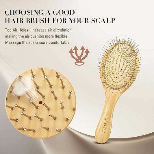 Bamboo Paddle Hairbrush with Steel Bristles for Anti-Static Detangling & Scalp Massage – Wooden Handle Brush for Hair Growth, All Hair Types