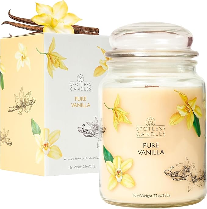 Vanilla Candle 22oz 16" x 9" Reusable Jar Candle 130 Hours Long Burn Time with Wooden Wick in Presentation Gift Box & Protective Shipper Spotless Leopard