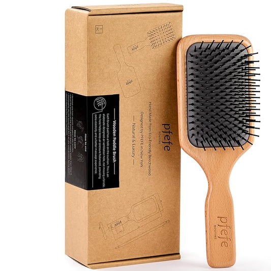 Wooden Paddle Hair Brush - Square Detangling Reducing Breakage Hairbrush for Men & Women, Beechwood Air Cushion Brush with Travel Bag for Thick, Curly, Wet, Dry Hair
