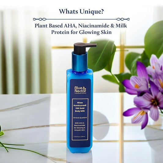 Blue Nectar 24K Carat Gold Body Milk for Women & Men | Body Lotion with Plant Based AHA & Niacinamide | Moisturizer for Body | All Skin Types (14 Herbs, 3.38 Fl Oz)