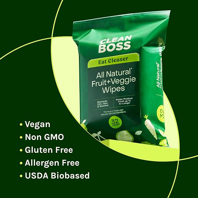 CleanBoss Eat Cleaner Fruit + Veggie Wipes - 32 Count, Pack of 2 - Removes Harmful Residue - Keeps Produce Fresh Up to 5X Longer - Vegan, Gluten Free - 64 Wipes Total