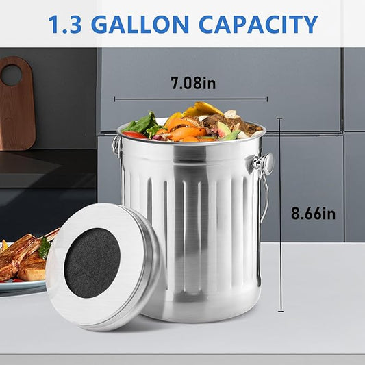 ENLOY Compost Bin for Kitchen Countertop, 1.3 Gallon Stainless Steel Indoor Compost Bucket for Kitchen Countertop Odorless Compost Pail for Kitchen Food Waste with Carrying Handle Easy to Clean