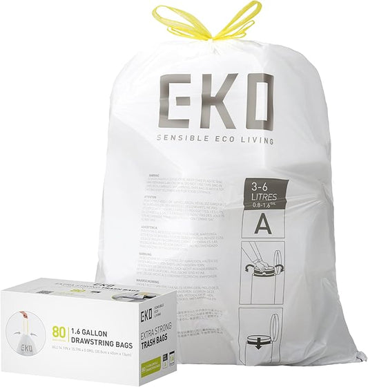 EKO 1.6 Gallon / 3-6 Liter, 80 Count Small Drawstring Trash Bags, Extra-Strong Unscented Garbage Bags, Easy-Dispense Roll for Kitchen & Household Use, Resists Tears, Leaks and Punctures, Code A, White
