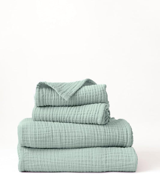 4 Pieces Muslin Towel Set for Bathroom, Luxury 100% Turkish Cotton Thin Soft Quick-Dry Lint-Free Large Size Bath Hand Towel Sets (Sage Green, 2 Bath & 2 Hand Towel Set)