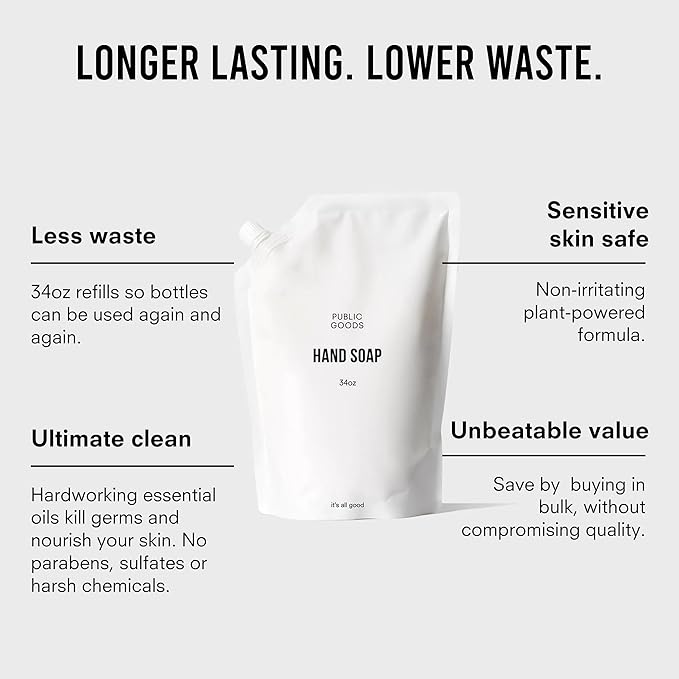 Public Goods Hand Soap | Cleansing Soap for Kitchen & Bathroom | Made with Natural Essential Oils | Paraben & Sulfate Free | Vegan Friendly | 34 Fl Oz Refill (Pack of 2)