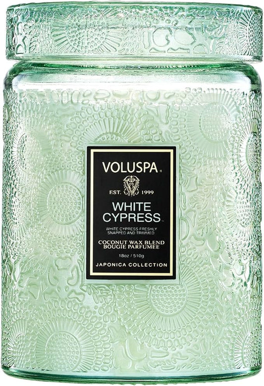 Voluspa White Cypress,Large Candle Jar,18 Ounce,100 Hour Burn Time, & Coconut Wax for Clean Burning,,Handcrafted in the USA