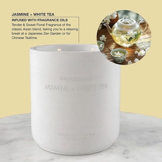 WHOLESOME. Jasmine + White Tea Scented Non Toxic Candles - 100% Natural Coconut Wax Candle, 90 Hours Burn, 2 Wicks, Aromatherapy & Stress Relief Candles, Vegan Candle, 16 oz Concrete Jar