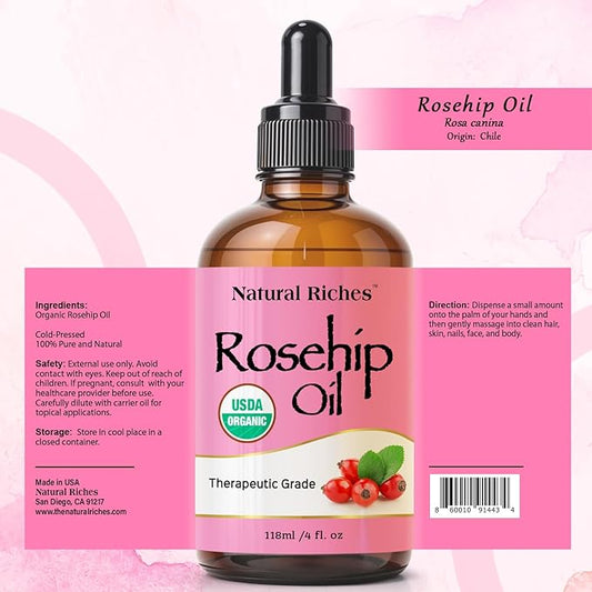 Natural Riches Organic Rosehip Seed Oil for Face 100% Pure Natural Cold Pressed Unrefined Non-GMO Carrier Oil for Skin Hair & Nails. 4 fl oz.